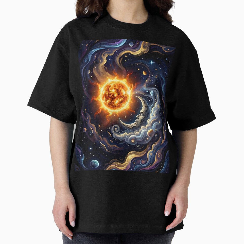 Cosmic Harmony - Vintage Sun and Crescent Moon Galaxy by hundred stories
