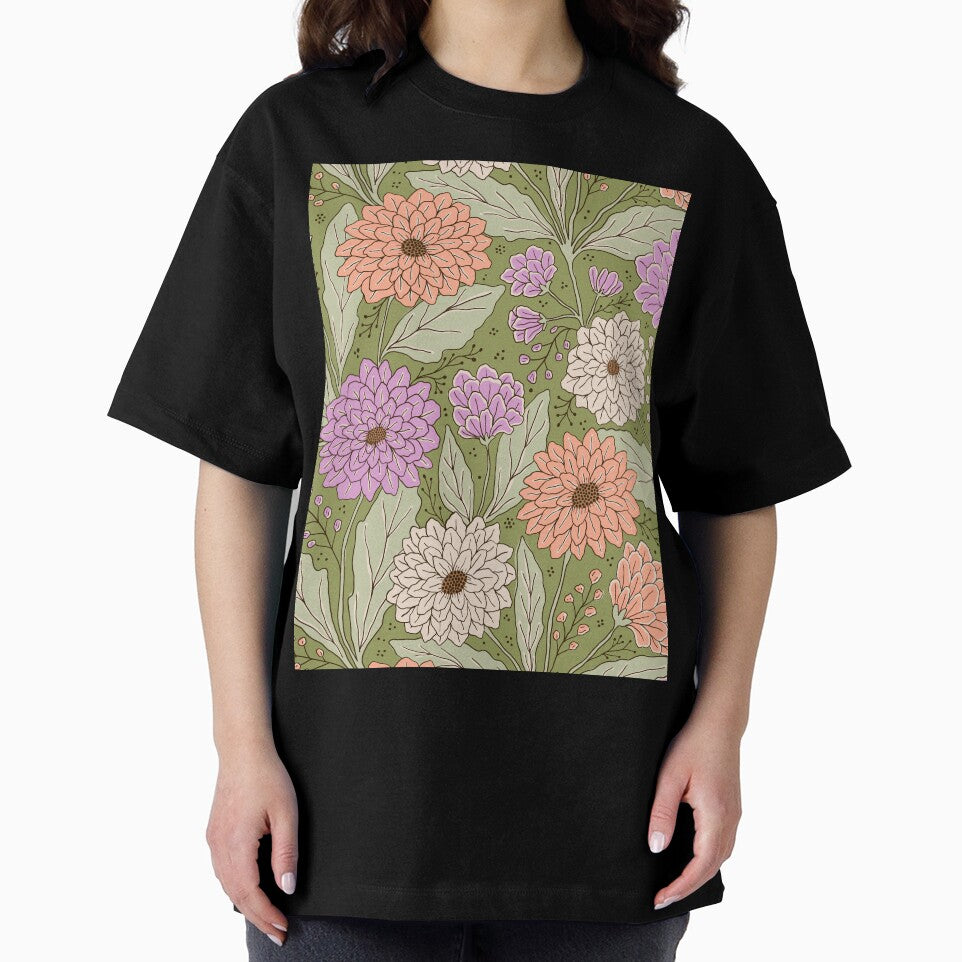 Dahlia garden in olive green by Illustrated by Nat