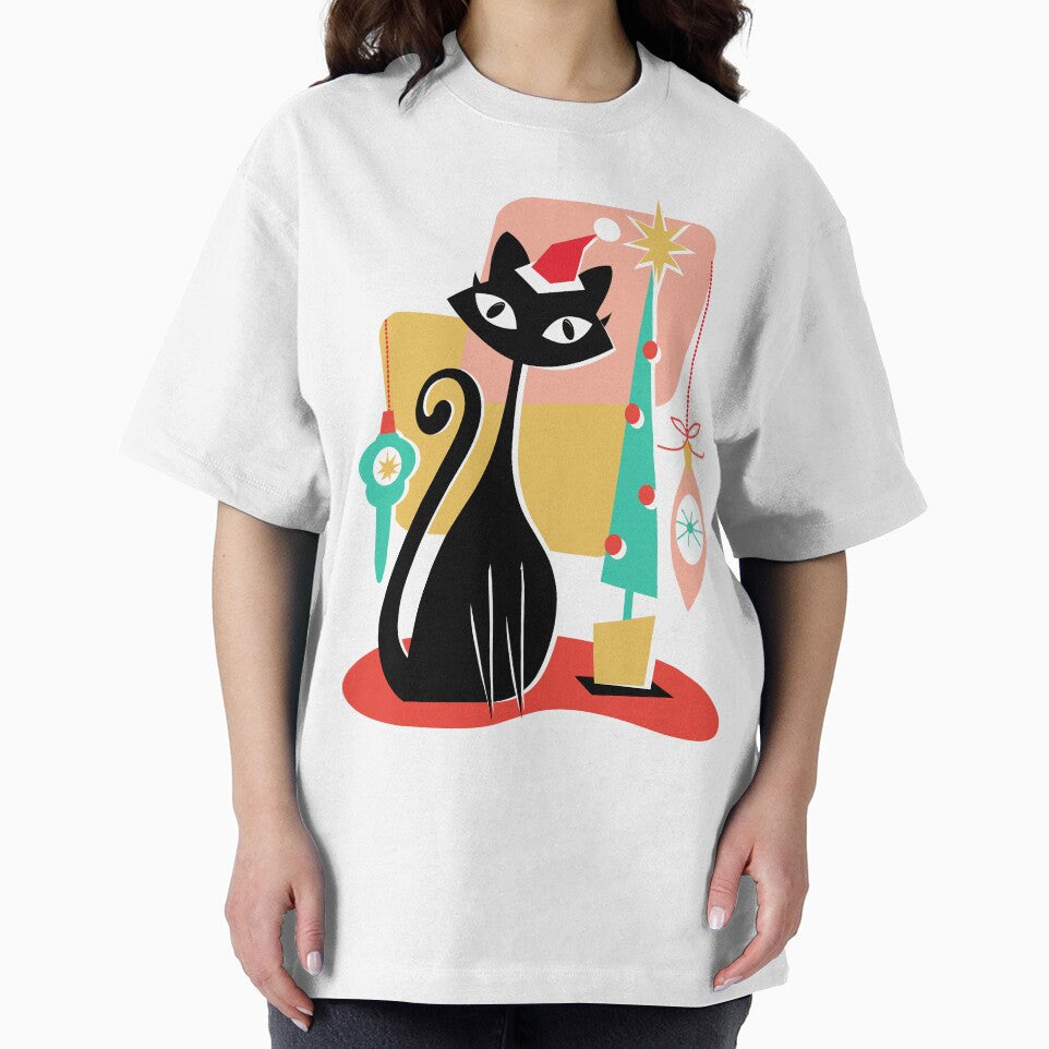 Vintage retro MCM Mid Century modern with black kitty cat and festive Tree and ornaments by Jdawnink