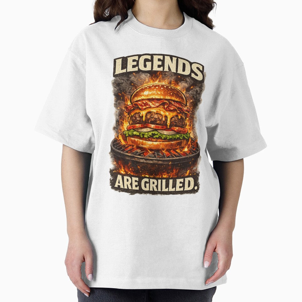Legends Are Grilled: BBQ Fire Campfire Cheeseburger Vintage Art by irfanshikh