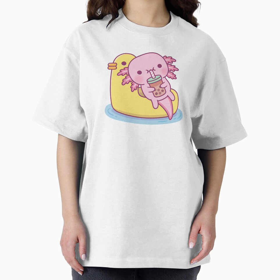 Cute Axolotl Chilling On Duck Pool Float Drinking Bubble Tea by rustydoodle